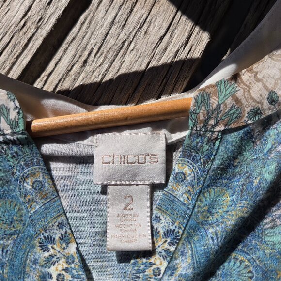 Chico's Sz 2 Assymetric Hi-Lo 3/4 Sleeve Mandala Pattern Boho Blouse - Picture 9 of 10